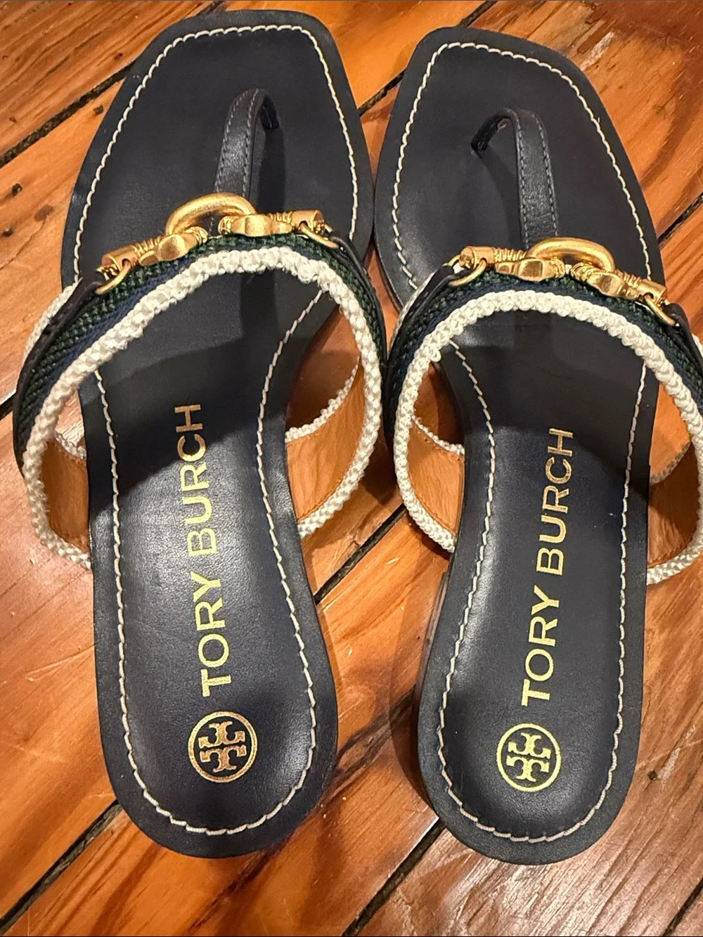 Tory Burch Navy Braided Strap Sandals with Gold Chain